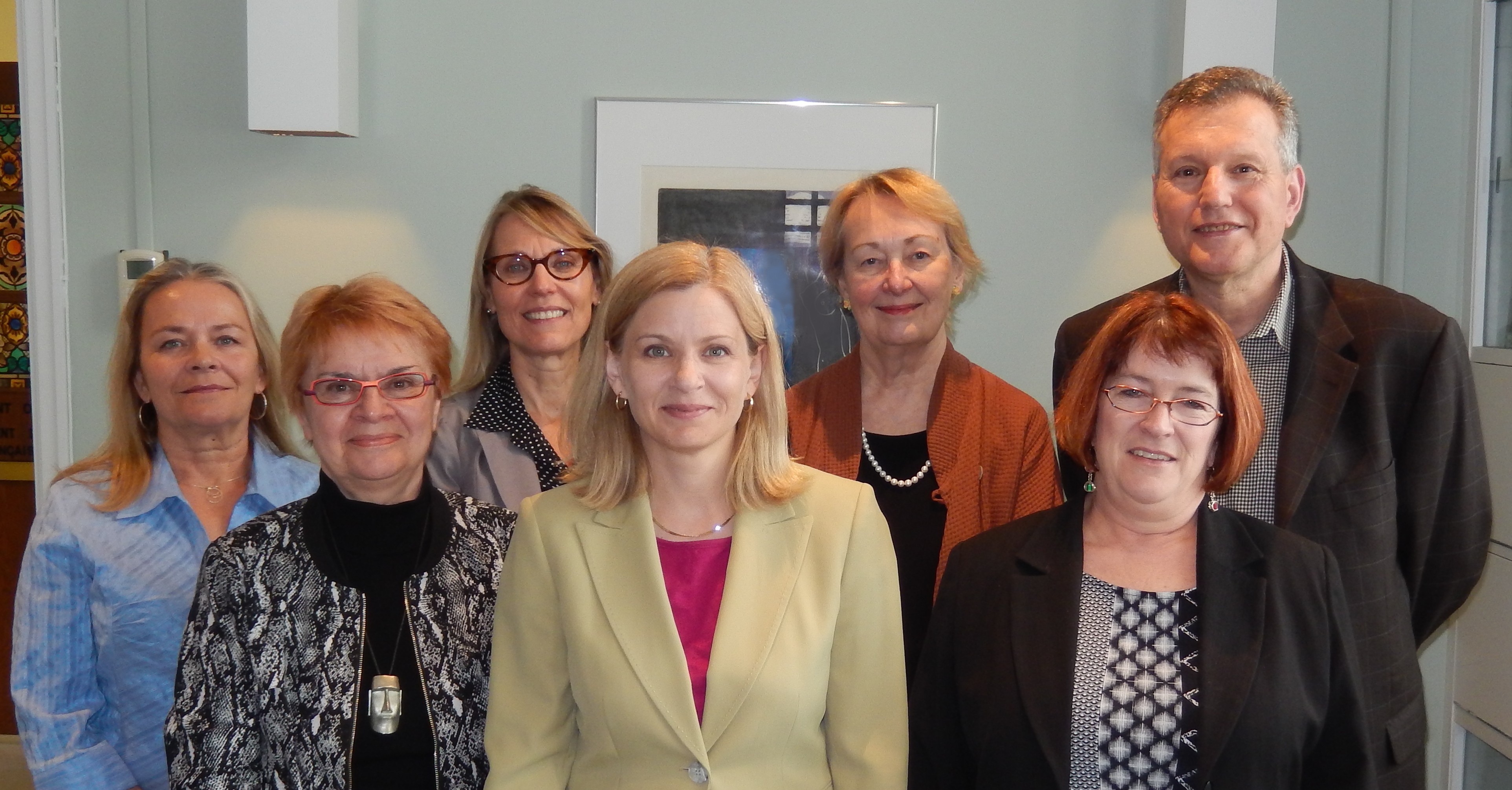 Seen in photo (left to right): Anne Brown (UNB), Margaret Conrad (UNB), Cécilia Francis (STU), Chantal Richard (UNB),  Gwendolyn Davies (STU), Bonnie Huskins (STU and UNB), and Denis Bourque (Université de Moncton).